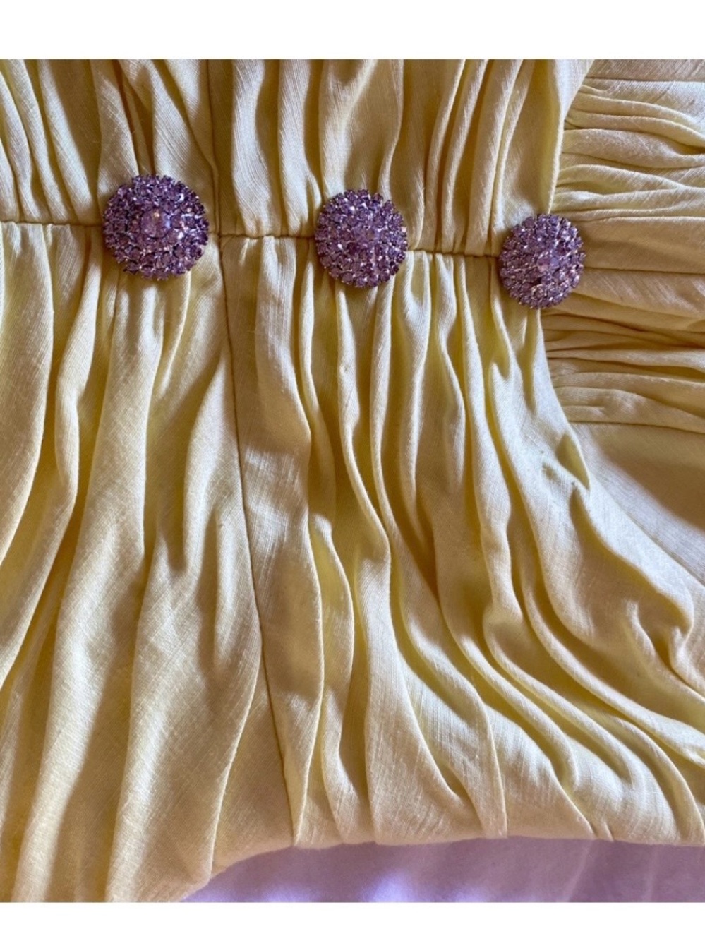Rasario Yellow Ruched linen Midi Dress with Front Slit and crystal buttons - Picture 7 of 8